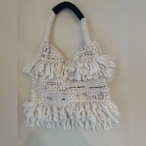 Free People~NWT~Cream Handwoven Fringe Shoulder Bag with black wrapped handle!🖤